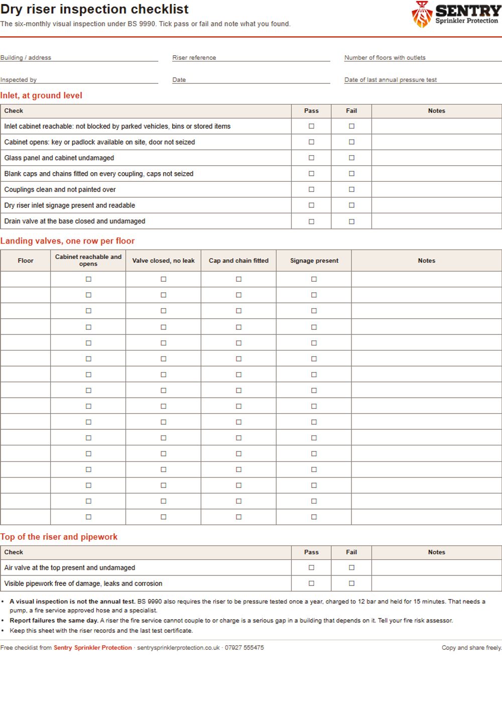 The dry riser inspection checklist, with checks for the inlet, each landing valve and the top of the riser
