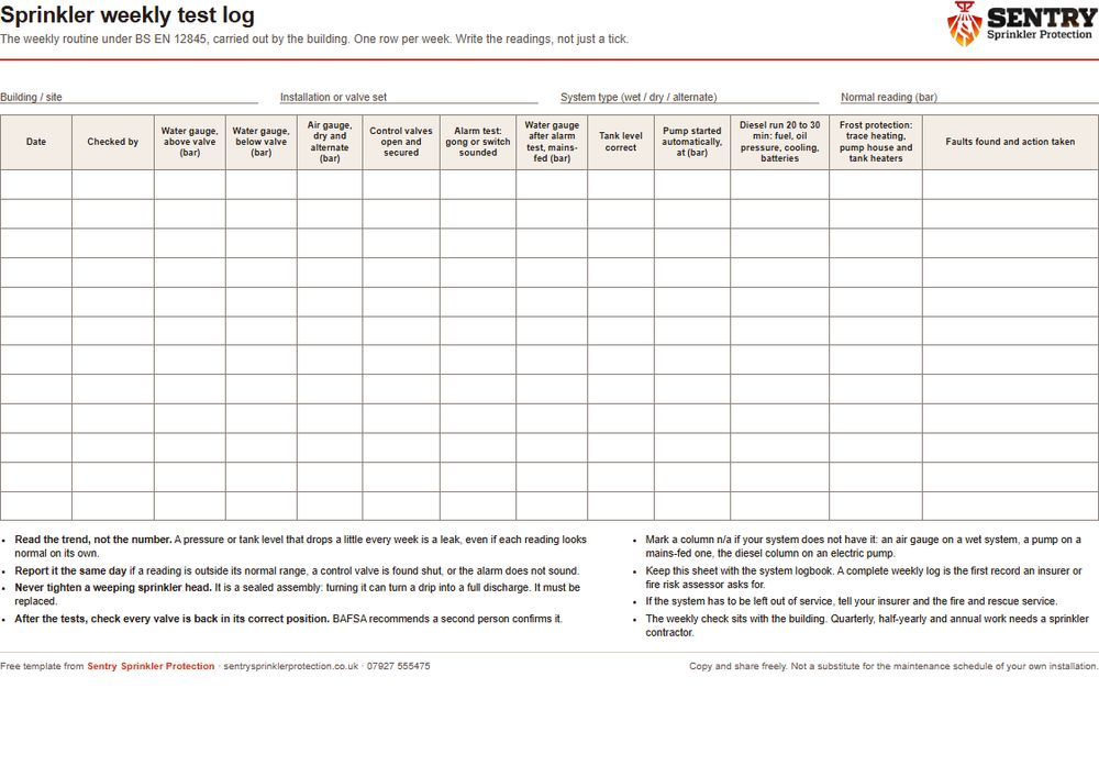 The sprinkler weekly test log sheet, with columns for gauge readings, valves, alarm, tank level, pump start, diesel run, frost protection and faults