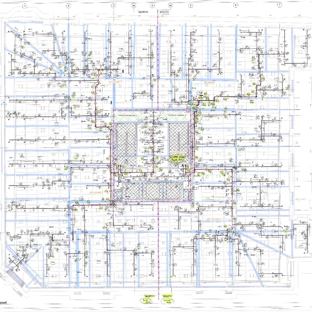 A floor plan sprinkler layout drawing showing the pipework and every head position on one level
